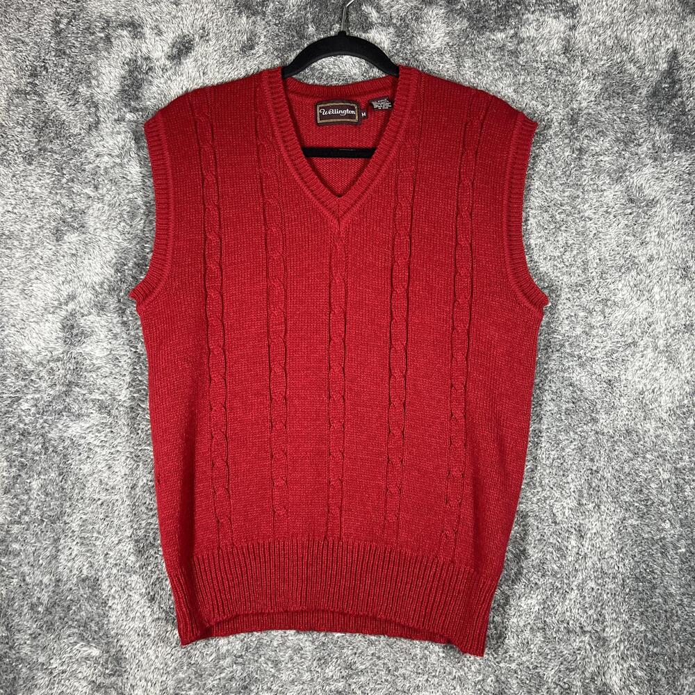 Wellington Sweater Vest Mens M Red V-Neck Cable Knit Acrylic Made IKorea